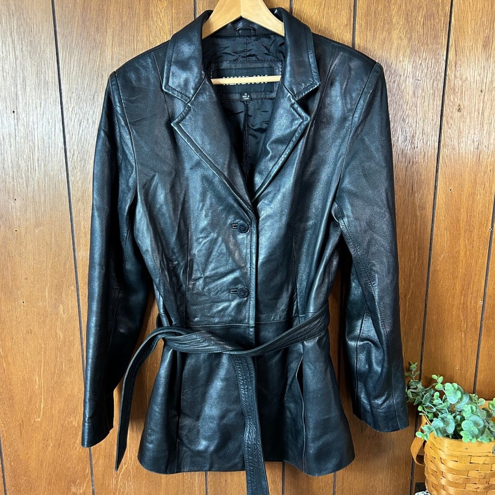 Kenneth Cole Reaction Black Leather Trench Coat Belted Button Front Womens M